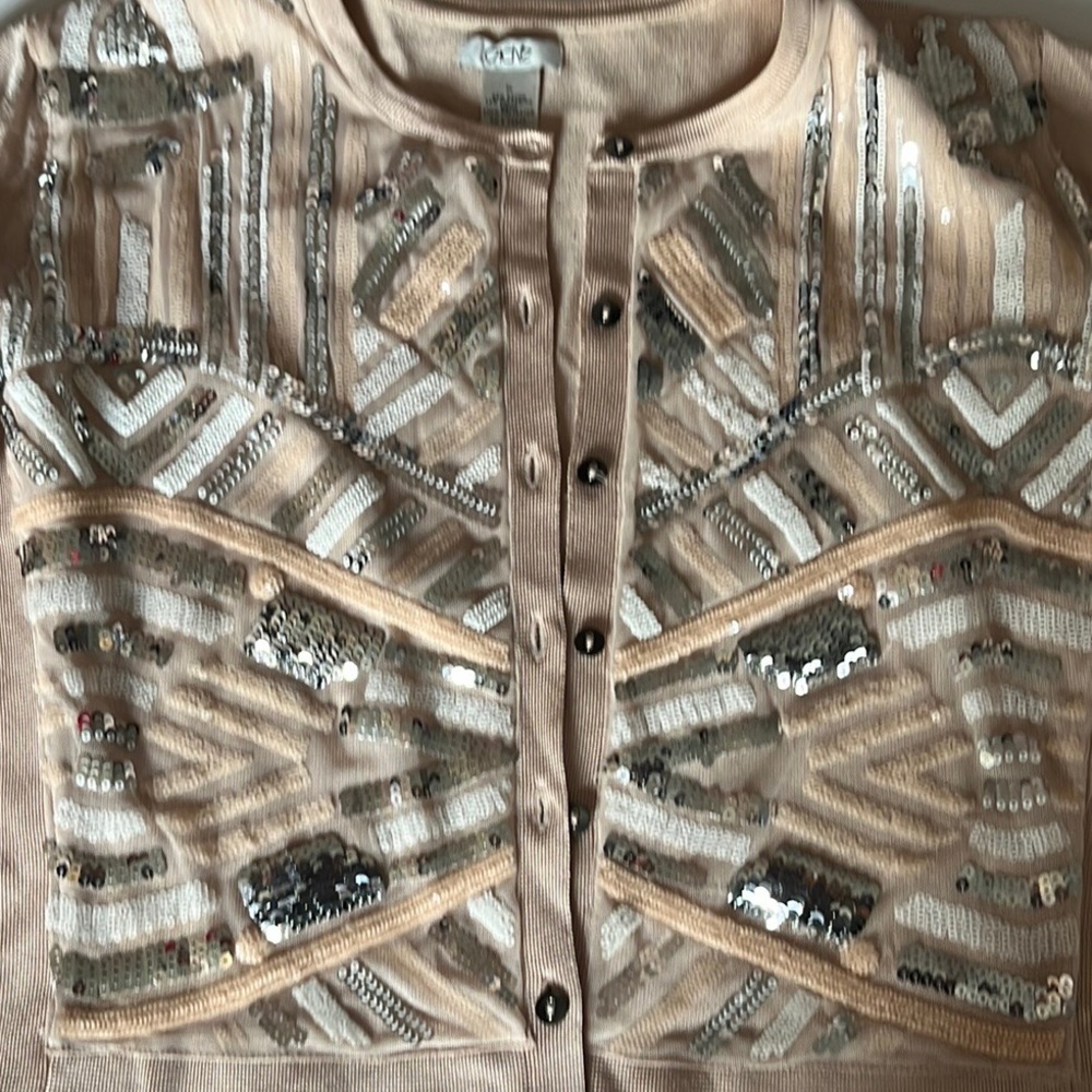 Cache Cream w/ Silver Sequin 3/4 Sleeve Knit Cardigan Sweater - Picture 10 of 13